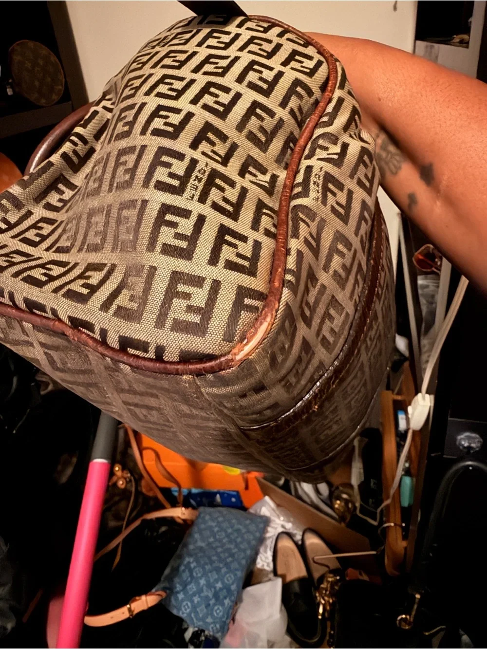 Fendi Brown Zucca Canvas Satchel with Dark Brown Leather Trim